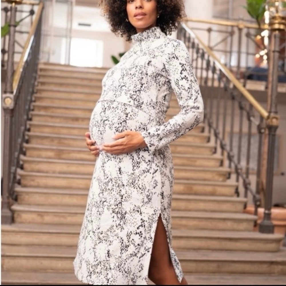 NURSING/MATERNITY Seraphine jacquard bodycon Black and CREAM Maternity Dress